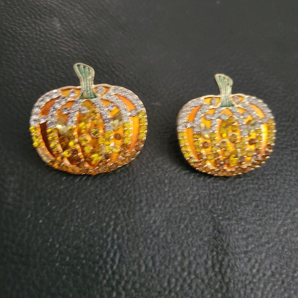 Rhinestone pumpkin earrings, orange, green & gold, Thanksgiving, Halloween, fall